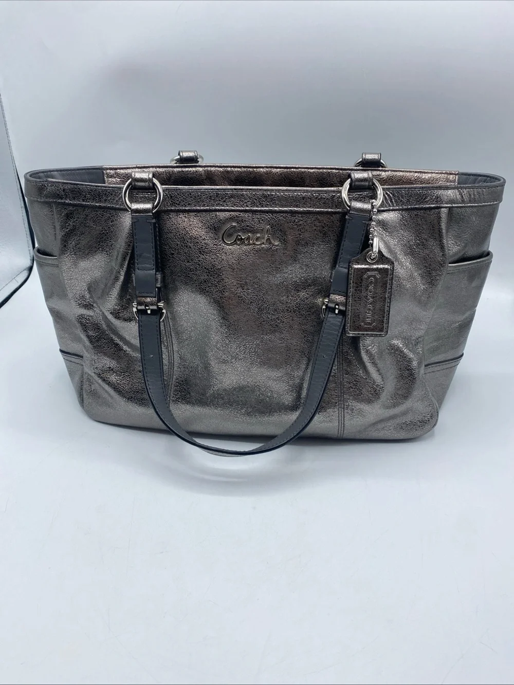 Y2K Coach Metallic Gray Leather Double Handles Zipper Closure Tote Shoulder Bag